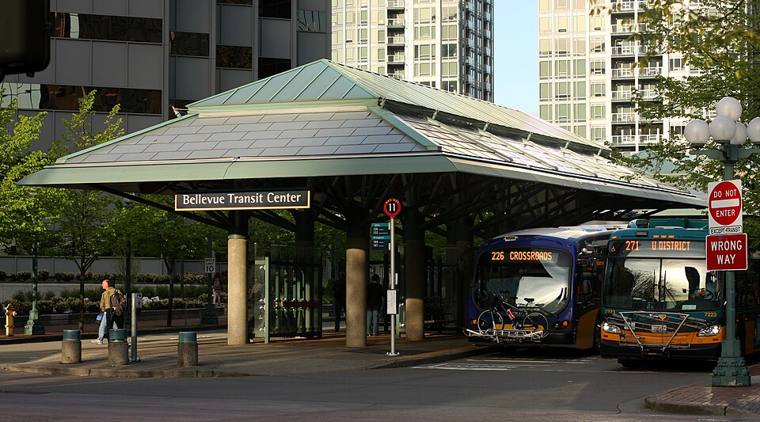 Buses under the canopy at Bellevue Transit Center